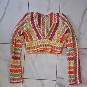 Free People Multicolor Crochet Crop Top with Green and Coral Accents
